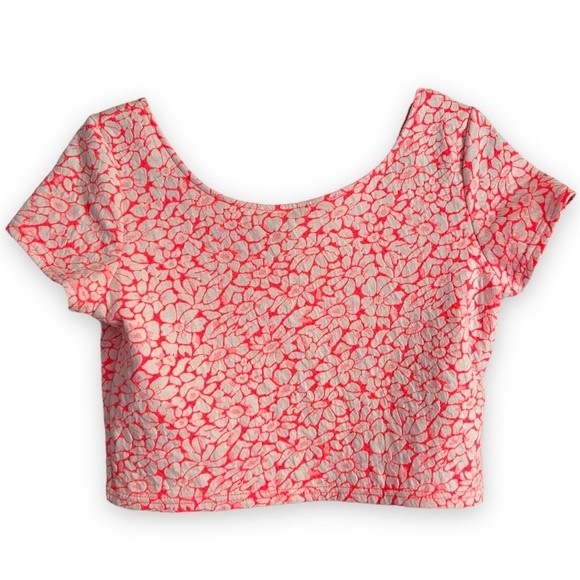 Forever 21 Neon Orange Floral Crop Top Fitted Short Sleeve Shirt Daisy Pattern M - Picture 1 of 11